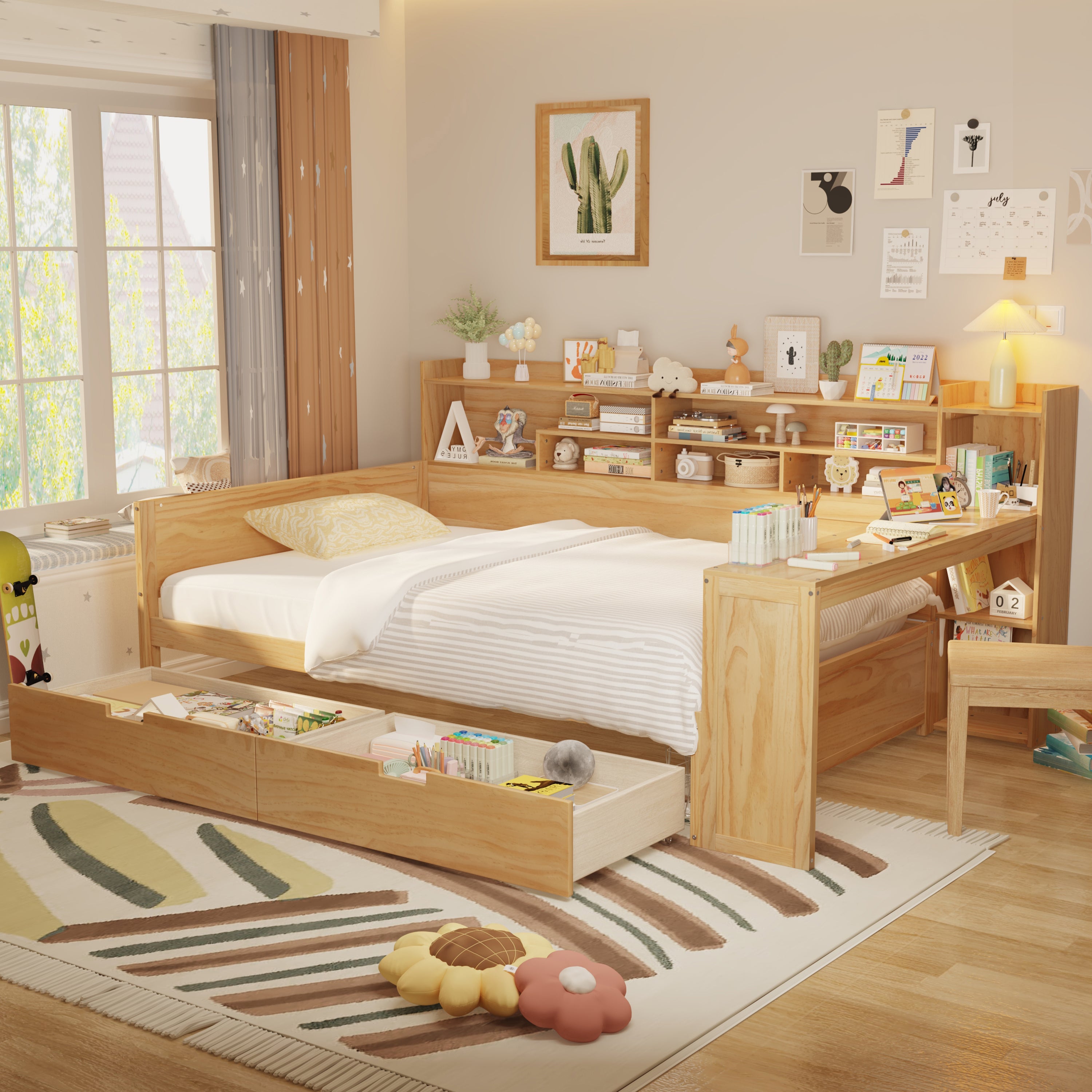 Walker Edison | Multi-functional Wooden Full Size Daybed with Storage Shelves