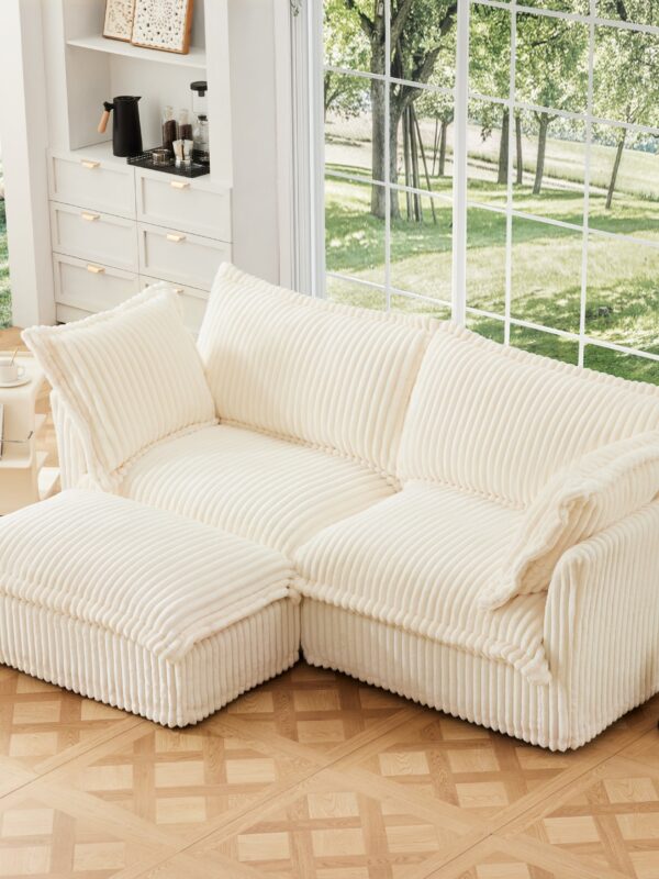 Walker Edison | Cloud Cream Corduroy Slipcovered Sectional Sofa with Ottoman