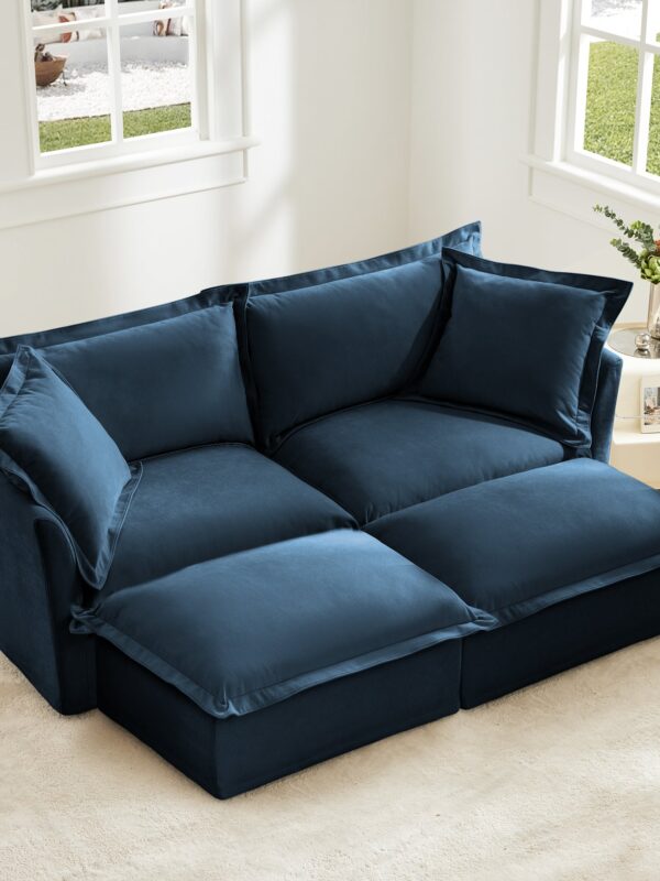 Walker Edison | Deep Seat Blue Slipcovered Loveseat Sofa with Two Ottomans