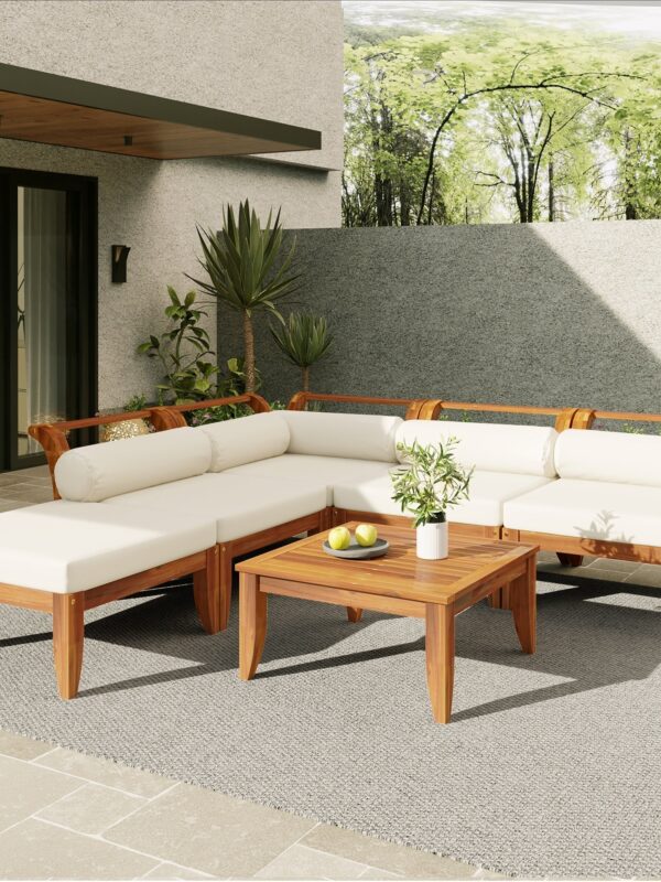 Walker Edison | Acacia Wood Outdoor Modular 6 Piece Sectional Sofa Set
