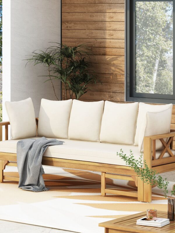 Walker Edison | Acacia Wood Outdoor Extendable Sofa into Daybed