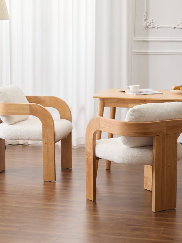 White Boucle 2 Pack Dining Chairs with Pillow Back and Solid Wood Frame