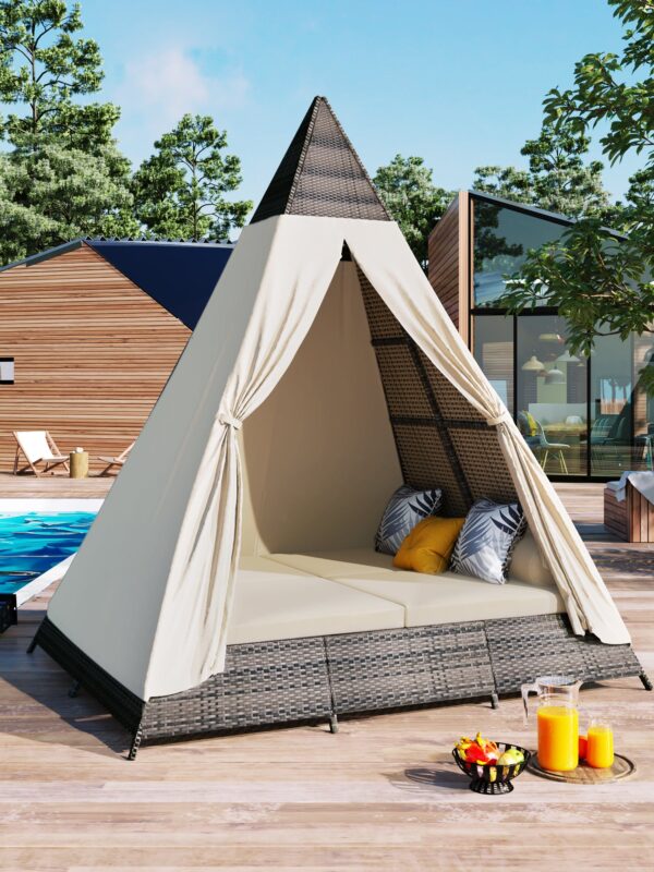 Walker Edison | Tent Shape Outdoor Patio Wicker Sunbed With Colorful Pillows
