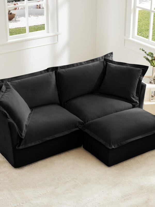 Walker Edison | Wide Deep Seat Slipcovered Black Loveseat Sofa with Ottoman