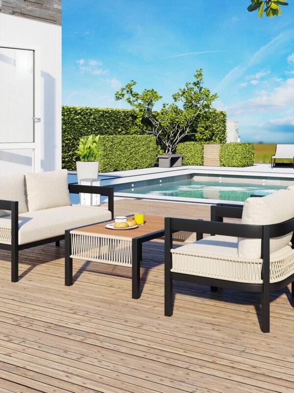 Walker Edison | Modern Rope Design Outdoor Iron Sofa Set with Coffee Table