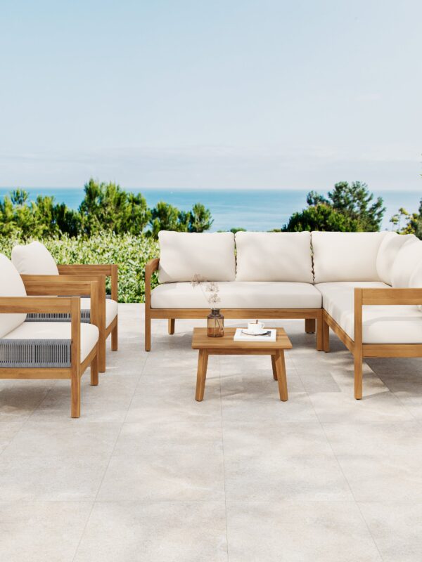 Walker Edison | Brooklyn Curve Rope Design Teak Wood 6-Piece Patio Set