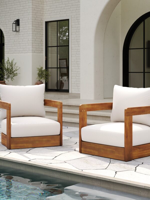 Walker Edison | Set of 2 Premium Acacia Wood Curve Design Outdoor Club Chairs