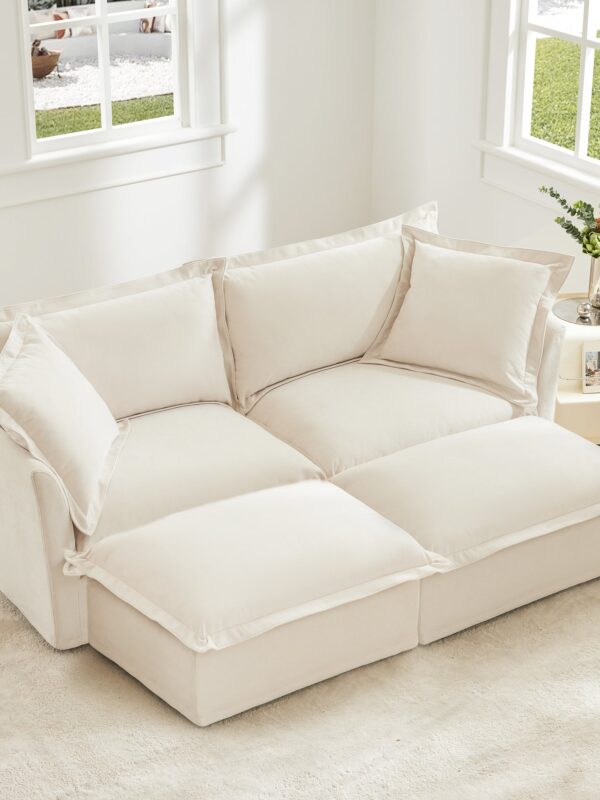 Walker Edison | Wide Deep Seat Slipcovered Beige Loveseat Sofa with 2 Ottomans