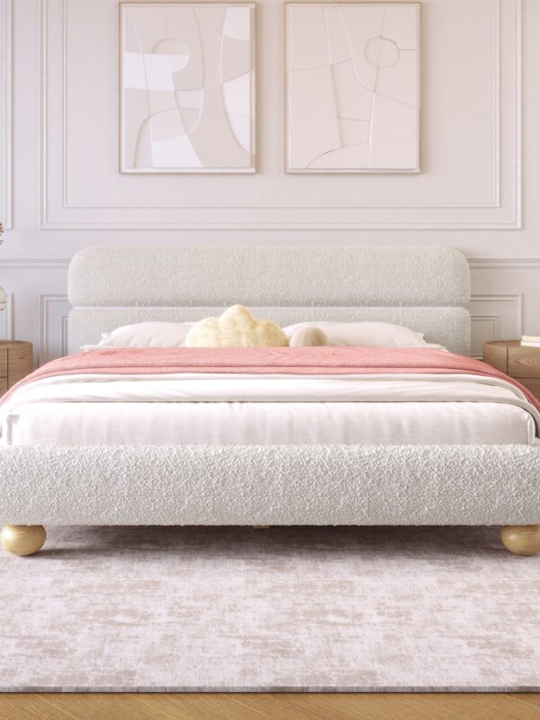 Walker Edison | Contemporary Boucle Queen Bedframe with Solid Round Legs