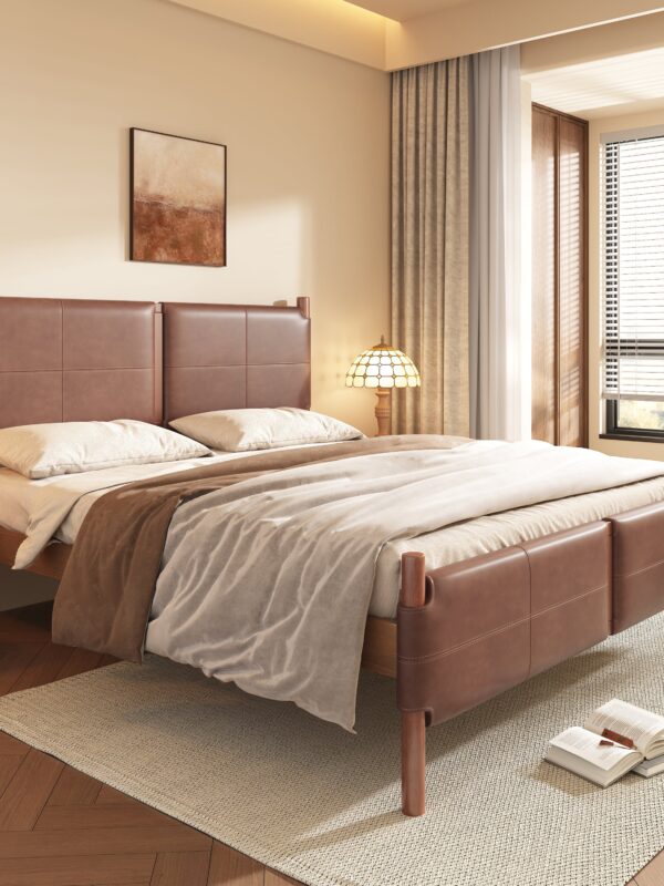 Brown Leather Upholstered Headboard Queen Bedframe